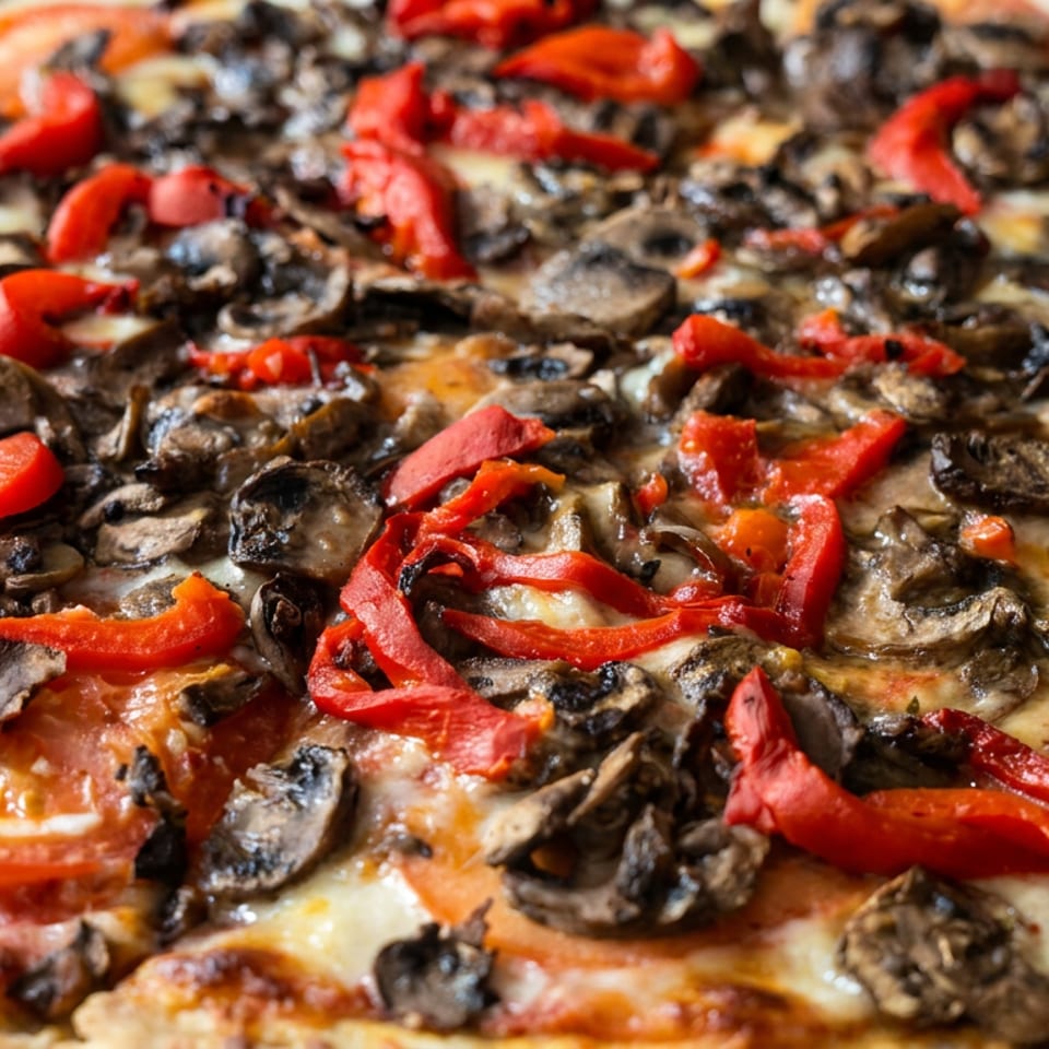 Close-up of a cheese pizza topped with mushrooms, red peppers, and tomato slices.